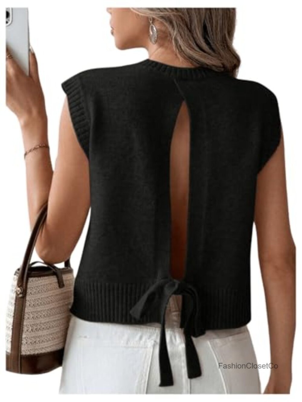 Knit Sleeveless Sweater Vest Open Back Tie Top